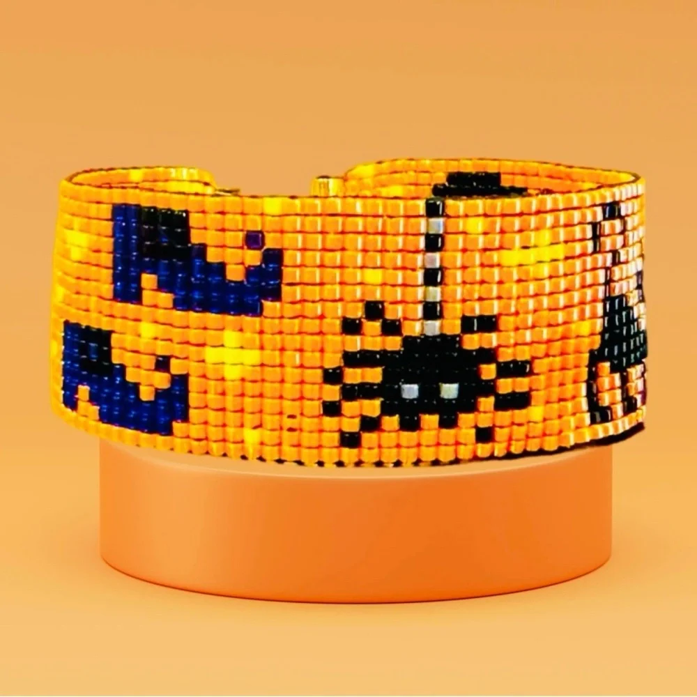 Handcrafted Halloween-Themed Adjustable Loom Cuff Bracelet Miyuki Delica Beads - Picture 3 of 9